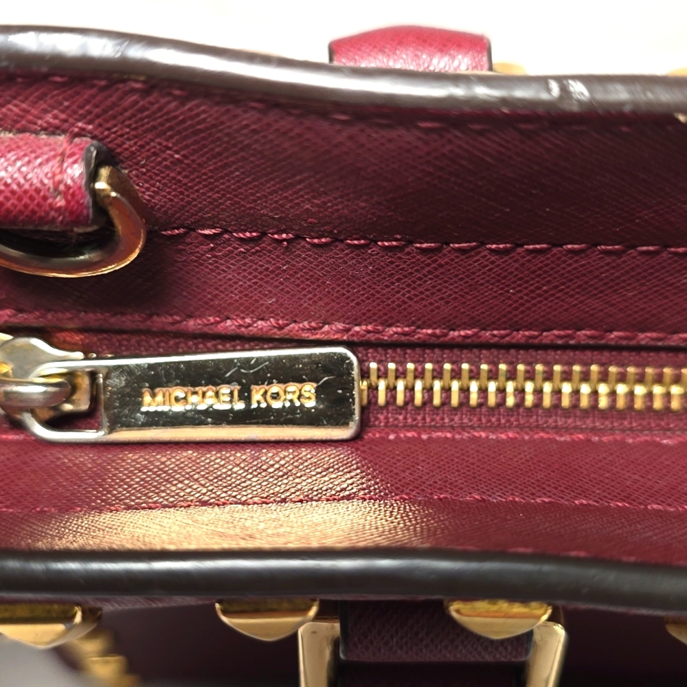 Michael Kors Burgundy Medium Selma Studded Saffiano Satchel - Picture 5 of 14